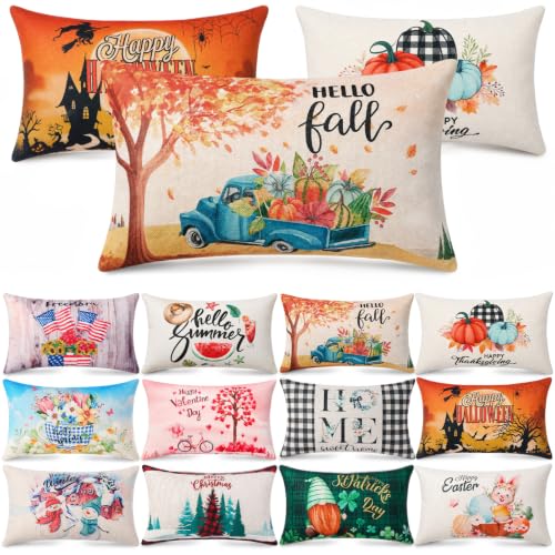 Newwiee 12 Sets Holiday Pillow Covers 12 x 20 In. Multicolor