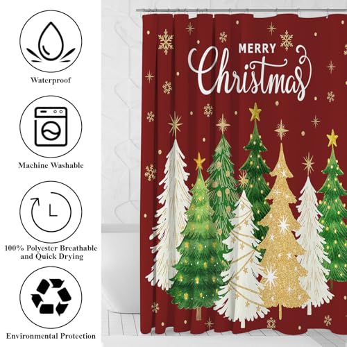 Christmas Tree Shower Curtain Set 4Pcs with Non-Slip Rug, Toilet Lid Cover & Bath Mat