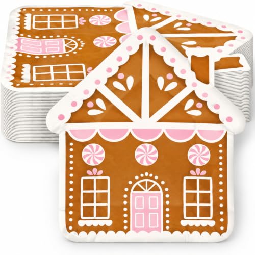 Pastel Gingerbread House Christmas Paper Plates - 60 Pack, Disposable Holiday Dinnerware
