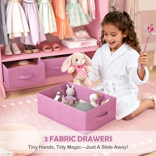 Kids Dress Up Storage Armoire with Mirror, Drawers and Hanging Rod - Pink
