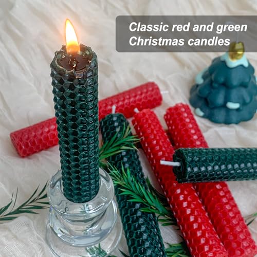 Kissingfish Red & Green Beeswax Taper Candles, 14 Pack, 5", 2-Hour Dripless Christmas