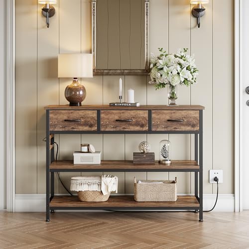 43-Inch Console Table with Charging Station and 3 Fabric Drawers