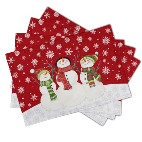 Snowman Placemats Set of 4 - Red Xmas Snowflakes Linen Table Mats 12x18 Inch - Holiday Kitchen Decor