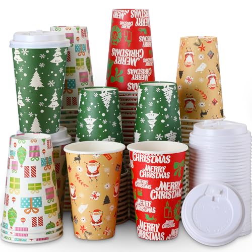 16 oz Christmas Disposable Coffee Cups with Lids – 100 Pack by Zhehao