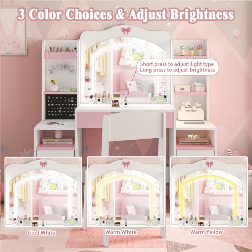 3-in-1 Kids Vanity Desk and Chair Set with LED Mirror and Storage