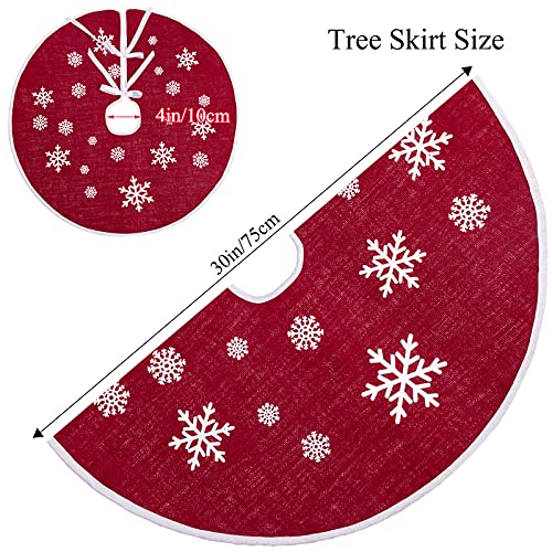 30-Inch Red Burlap Christmas Tree Skirt with Snowflake Print & Ribbon Ties