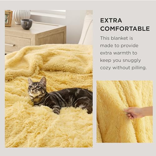 Bedsure Faux Fur Fluffy Sherpa Fleece Bed Blanket Light Yellow 108x90 King - Cozy & Reversible
