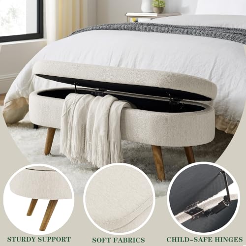 Align Living Beige Storage Ottoman Bench 43.5" with Safety Hinge - Modern Upholstered Footstool for Bedroom & Living Room