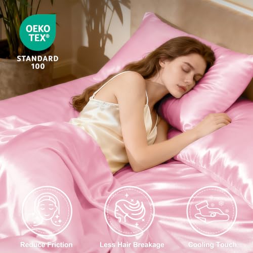 Love's Cabin Queen Satin Sheet Set - 4-Piece Pink Silky Bed Sheets