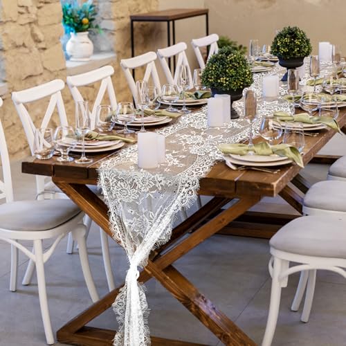 12 Pack White Lace Table Runners 14x120 Inch for Wedding & Party Decor