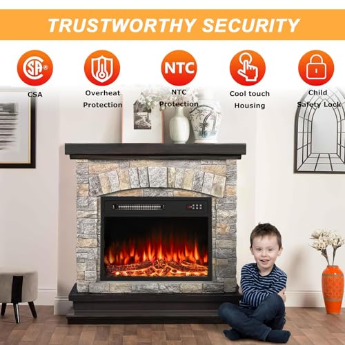 36-Inch Electric Fireplace with Mantel and Faux Stone Finish Gray