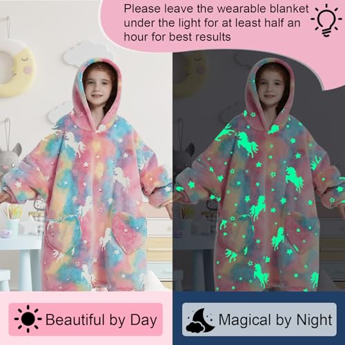 Glow in the Dark Unicorn Oversized Wearable Blanket Hoodie for Kids