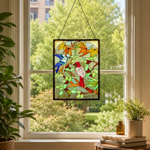 Tiffany Style Stained Glass Window Panel - Blue Jay & Cardinal, 18" x 24"