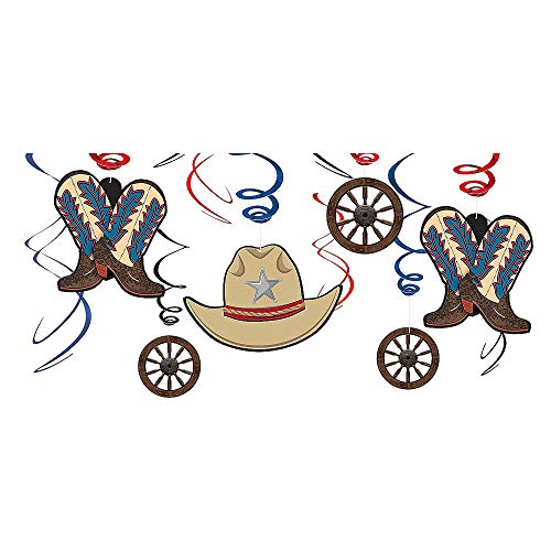 Western Party Hanging Swirl Decorations - (6 Packs of 12) - Red & Blue Swirl W/ Cowboy Cutouts, Perfect for Rustic, Rodeo & Wild West Themed Events - 72 Pc.