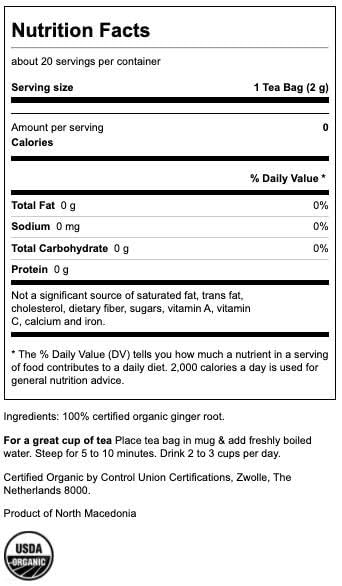Swanson 100% Certified Organic Ginger Root Tea 20 Bag(S)