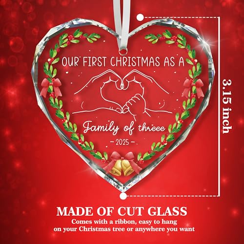HandEasy Christmas 02 Family for Women First Christmas As A Family of Three Ornament - 3.1in Heart Keepsake