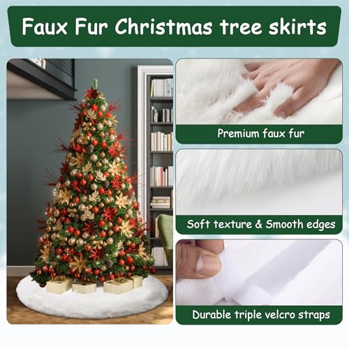 48-Inch Faux Fur Christmas Tree Skirt - White Plush Holiday Decor