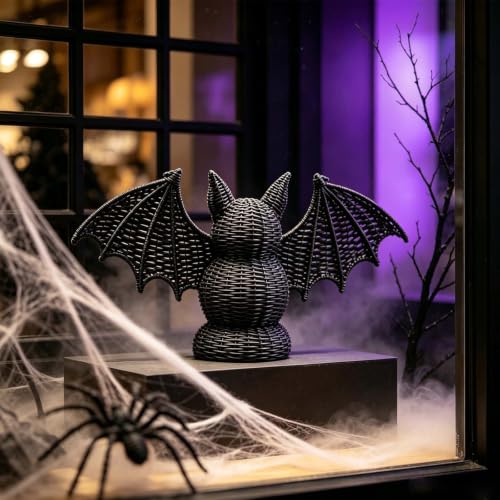 Hand-Woven Black Rattan Bat Figurine - Halloween & Gothic Table Decor