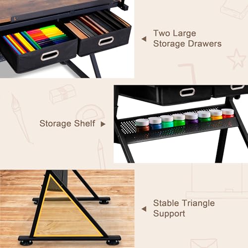 Adjustable Drafting Table with Stool, Tilting Art Desk with Storage Drawers