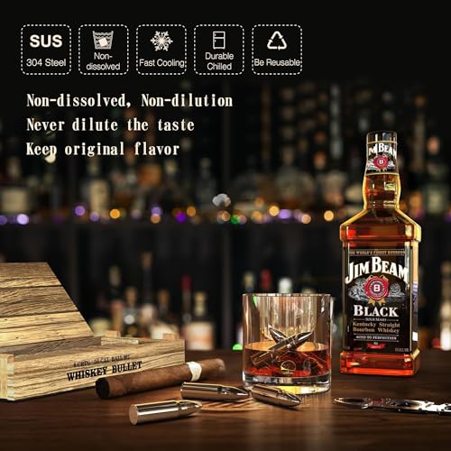 8Pcs Bullet Whiskey Stones - Reusable Stainless Steel Ice Cubes for Premium Drinks, Gift Set with Wooden Box