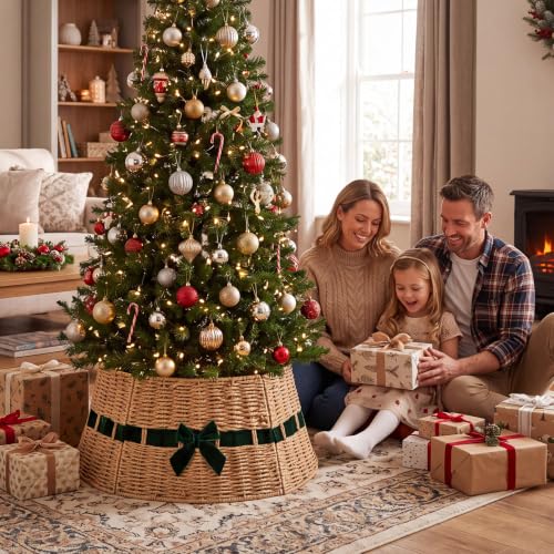 Christmas Tree Collar Basket with Green Bow 23.6'' Wicker Base Cover – Forest Green Velvet