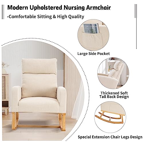 Upholstered Nursery Rocking Chair with High Back and Side Storage Pocket