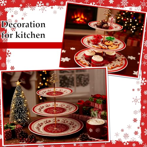 Lallisa Snowflake 3-Tier Christmas Cake Stand 10/9/7 in Blue & White Ceramic with Gold Frame