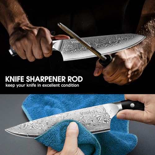 MOSFiATA 3-Piece Damascus Chef Knife Set VG-10 Steel with Gift Box, Includes 8" Chef, 7" Santoku & 5" Utility Knives