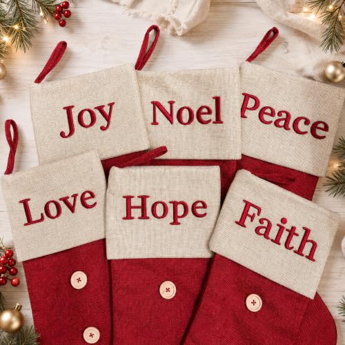 ElegantPark 6 Pack Large Red Christmas Stockings Burlap Embroidered, 22in Set