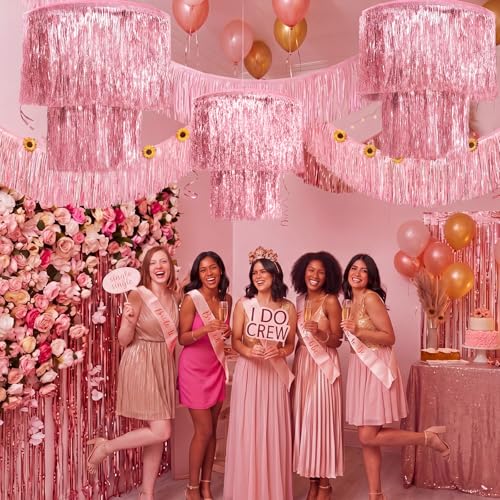 Pink Foil Fringe Tinsel Chandelier & Banner Party Decoration Set (6 Pack)
