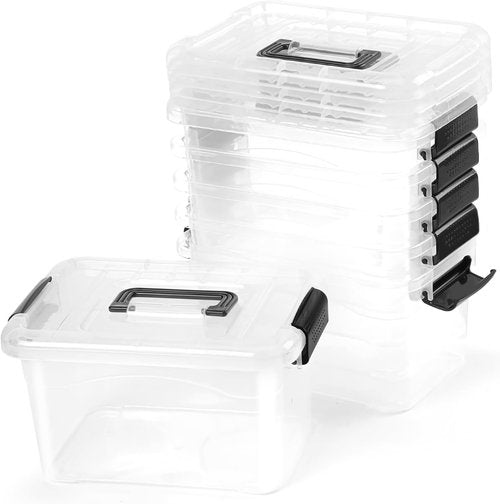 EOENVIVS Plastic Storage Bins - 7 Quart Stackable Organizer Bins with Black Buckle Lids | 6 Pack Clear for Home & Office