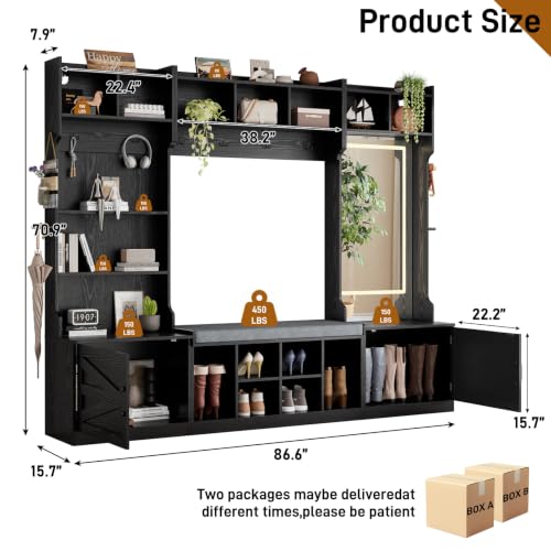 86.6" Extra Large Farmhouse Hall Tree with LED Mirror and Shoe Storage