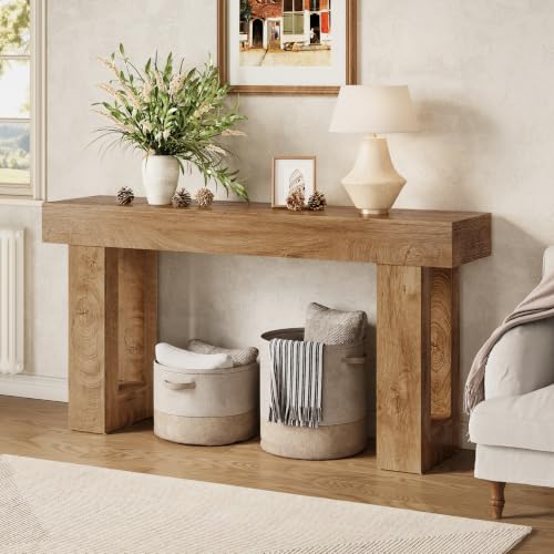 63-Inch Industrial Console Table, Wooden Entryway and Sofa Table in Oak