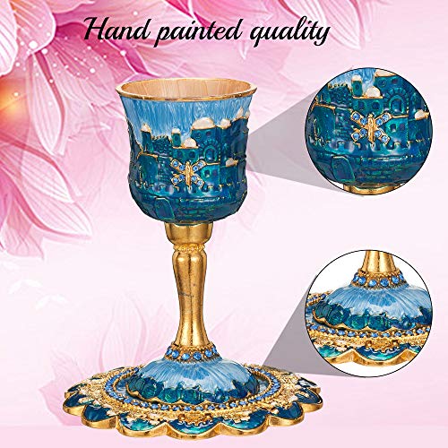 Hand-Painted Enamel Kiddush Cup Set with Tray and Crystal Embellishments