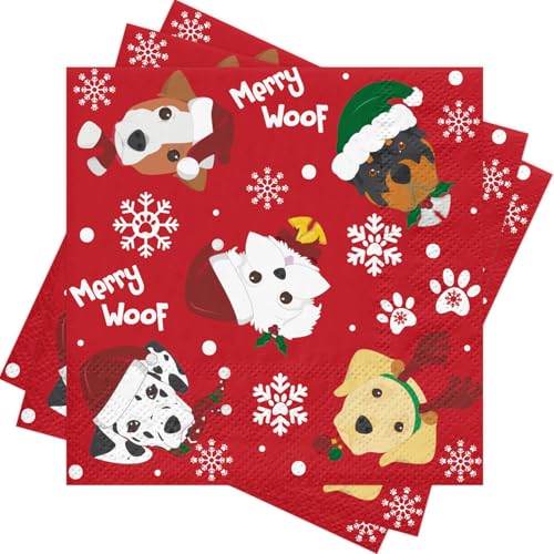 RUSPEPA Christmas Dog Cocktail Napkins 25 Pcs, 5x5 Inch Holiday Party Decor