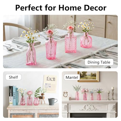 12 Pack Pink Glass Bud Vases - Small Vintage Flower Vases for Centerpieces