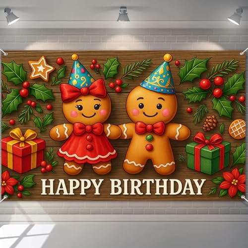HOMETITUTE Gingerbread Happy Birthday Backdrop Banner 71x43 Inch - Rustic Holiday Party Decor, Pattern*2