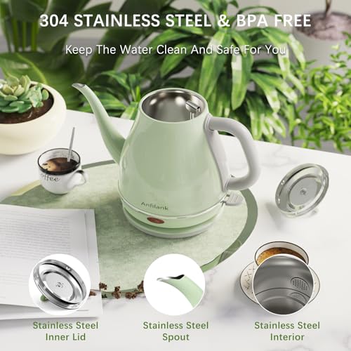 Anfilank 1L Green Electric Gooseneck Kettle, 1500W Fast Boil, Stainless Steel BPA-Free