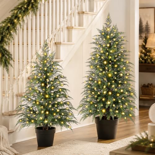 Waipfaru 3-5 ft Pre-Lit Cedar Christmas Tree Set of 3 - Realistic Mini Artificial Trees with 9 Light Modes