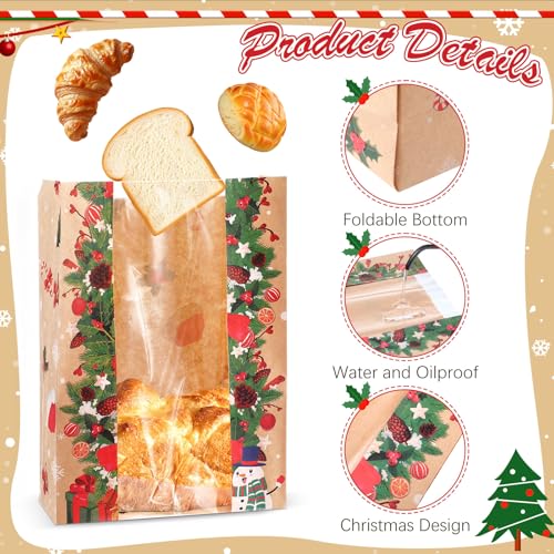 200 Pcs Christmas Kraft Paper Bread Bags with Window & Stickers, 13.7x8.2x3.5in Large Sourdough Bags (SilTriangle, 200 qty, Christmas)