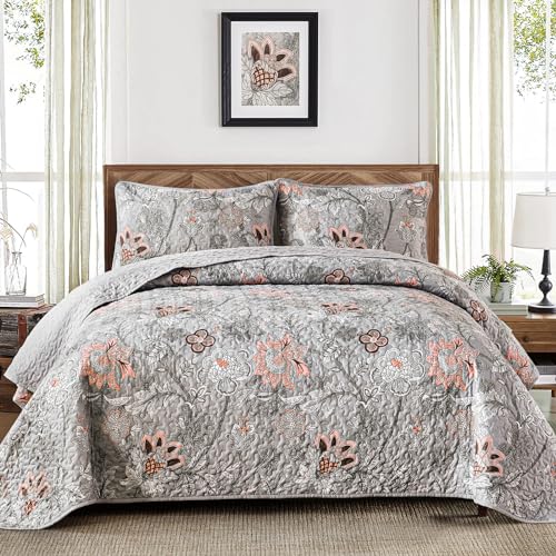 Grey Floral Quilt Set Queen Size - Soft Microfiber Bedding 3-Piece