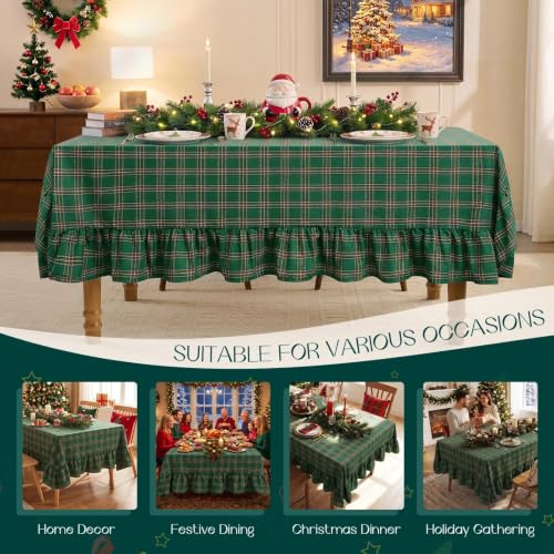 Romanstile Christmas Green Plaid Tablecloth with 6-Inch Ruffle, 60 x 120 inches