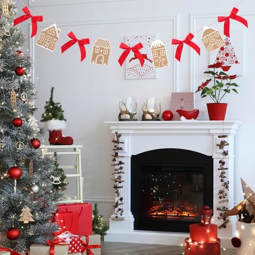 XunYee 5.9ft Christmas Gingerbread House Garland with Red Bows, Reusable Holiday Decor