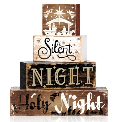 4-Piece Nativity Christmas Wooden Block Signs for Tiered Tray Decor