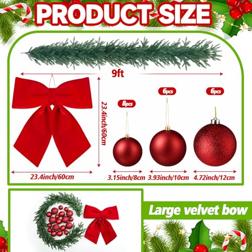 Christmas Outdoor Garland with Jumbo Velvet Bow, 24 Inch Festive Decor