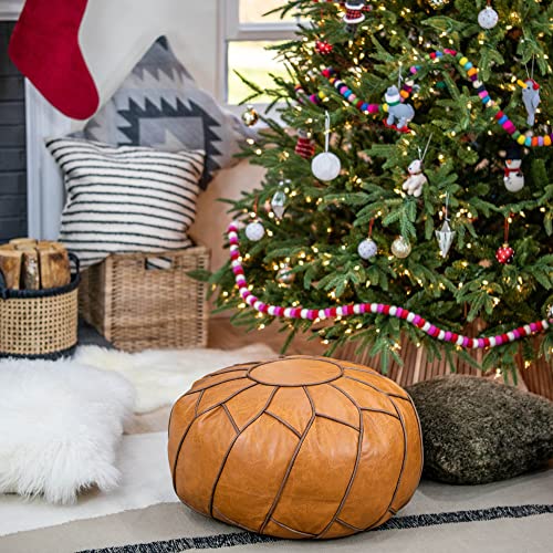 Modern Pumpkin Color Round Ottoman Pouf - Moroccan Style Leather Footstool