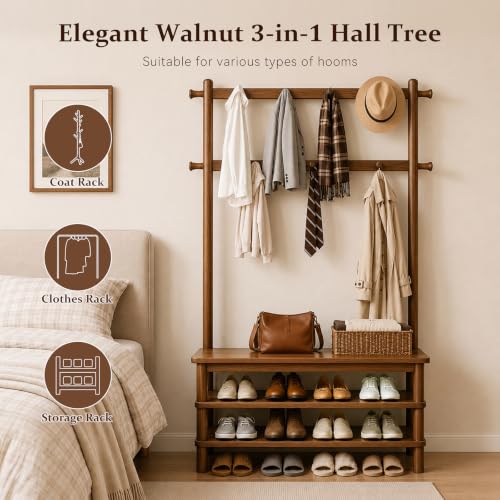 Solid Wood Hall Tree with Bench and Shoe Rack, 11-Hook Entryway Organizer
