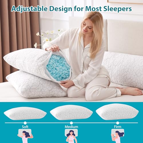 Cooling Memory Foam Pillows Queen Size Set of 2 | Adjustable Firm Support for Neck Pain Relief