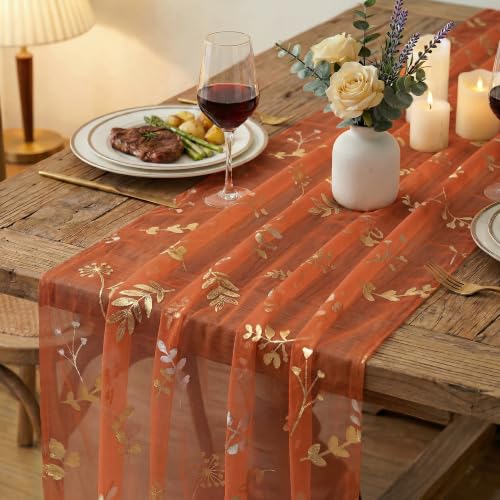 Artoid Mode 28x120 Inch Caramel Floral Leaves Glitter Table Runner for Weddings & Events
