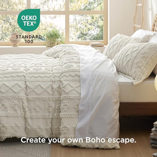 Bedsure Boho Tufted Queen Duvet Cover Set - 3 Piece Soft Beige Bedding Set